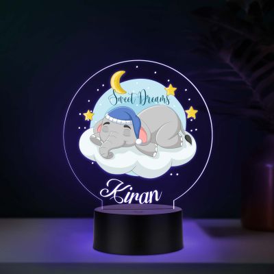 Personalized Sweet Dreams Elephant LED Night Light with Color Changing Nursery Decor with Moon and Stars Theme Bedside Kids Room Desk Table Lamp